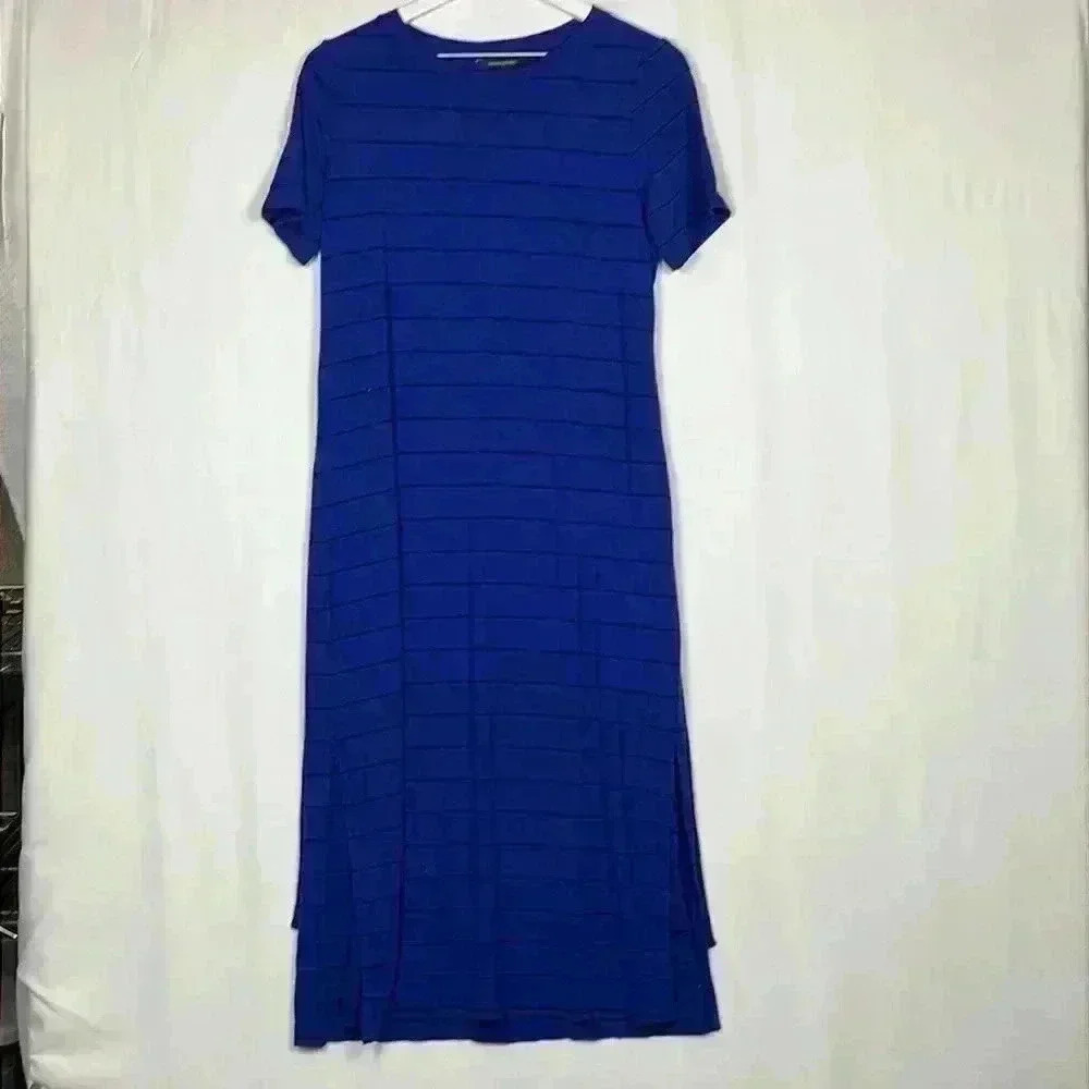 Banana Republic Womens Midi Dress Cobalt Blue & Black S Stripes Short Sleeves